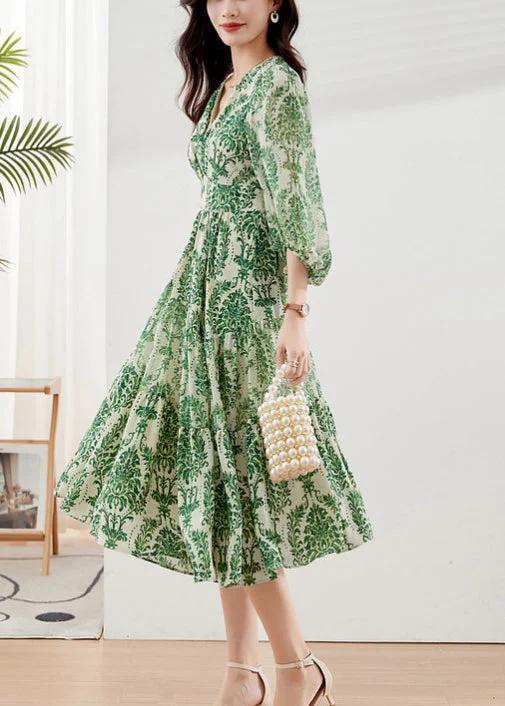 Handmade Green V Neck Print Chiffon Vacation Dresses Bracelet Sleeve - Image 4