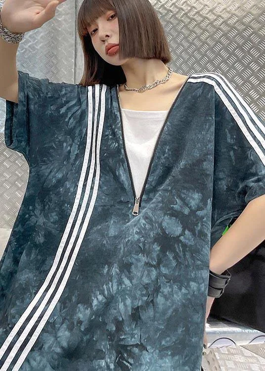 Comfy Tie Dye Blue zippered V Neck Dresses Summer - Image 3