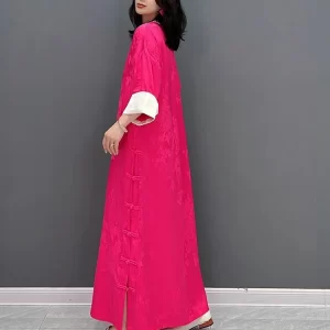 Chinese Style Solid Color V-neck Patchwork Short Sleeve Thin Dress