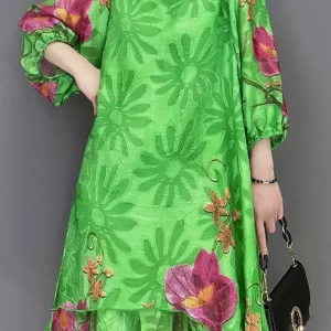 Fashion Green O Neck Print Chiffon tops and shorts two pieces Three Quarter sleeve