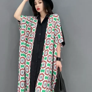 Retro Chiffon Turn-down Collar Printed Patchwork Batwing Single-breasted Dress