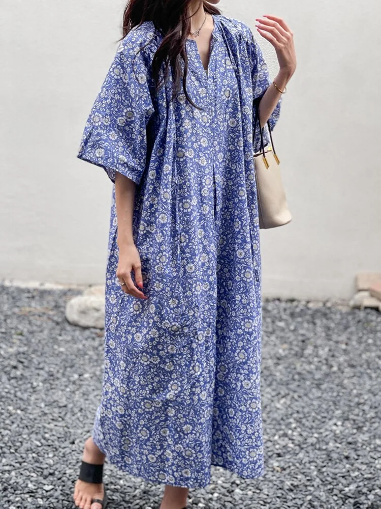 Temperament Loose Y-neck Tie Floral Half Sleeve Dress - Image 4