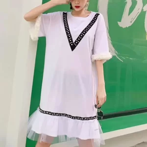 Street Loose O-neck Rivet Decor Splicing Mesh Yarn Hem Half Sleeve With Fluff Cuff Dresses