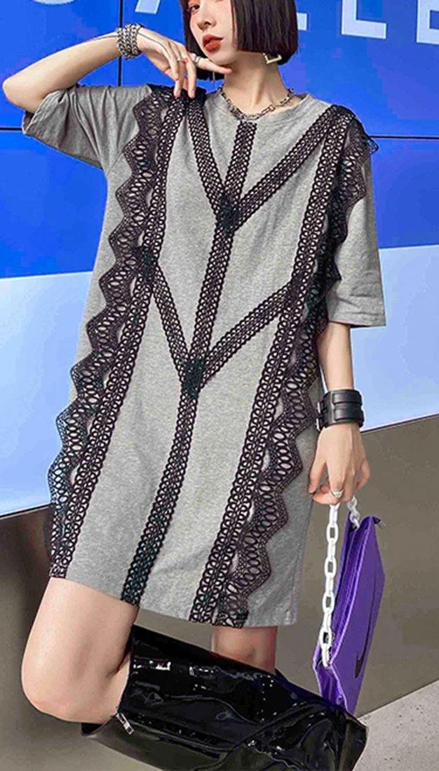 Organic Grey Cotton Patchwork Lace Summer Ankle Dress - Image 5