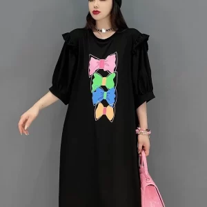 Fashion Loose O-neck Bow Print Three-quarter Sleeve Dress