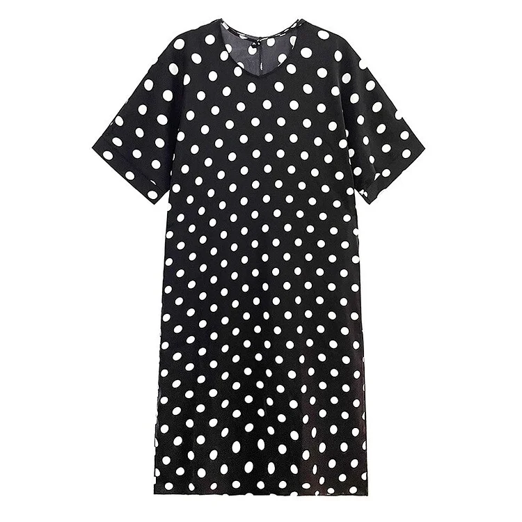 French V-neck Polka Dots Lace-up Back Split Hem Half Sleeve Dress - Image 6