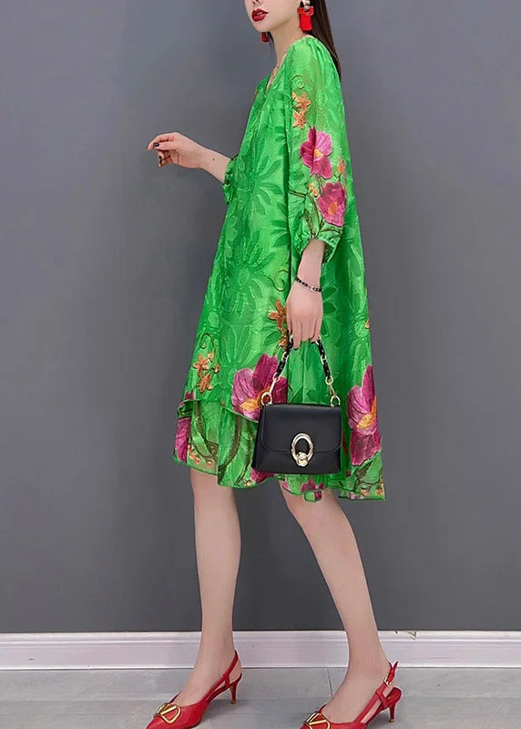 Fashion Green O Neck Print Chiffon tops and shorts two pieces Three Quarter sleeve - Image 3