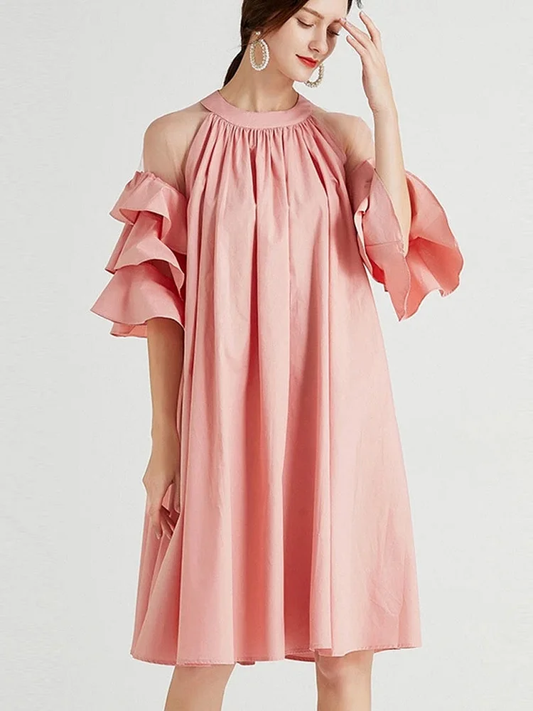 Elegant Pink Hanging Neck Folds Perspective Shoulder Ruffles Half Sleeve Dress - Image 3