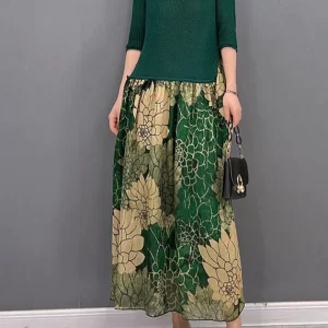 Fashion Green O-Neck Chiffon Patchwork Print Knit Long Dress Half Sleeve