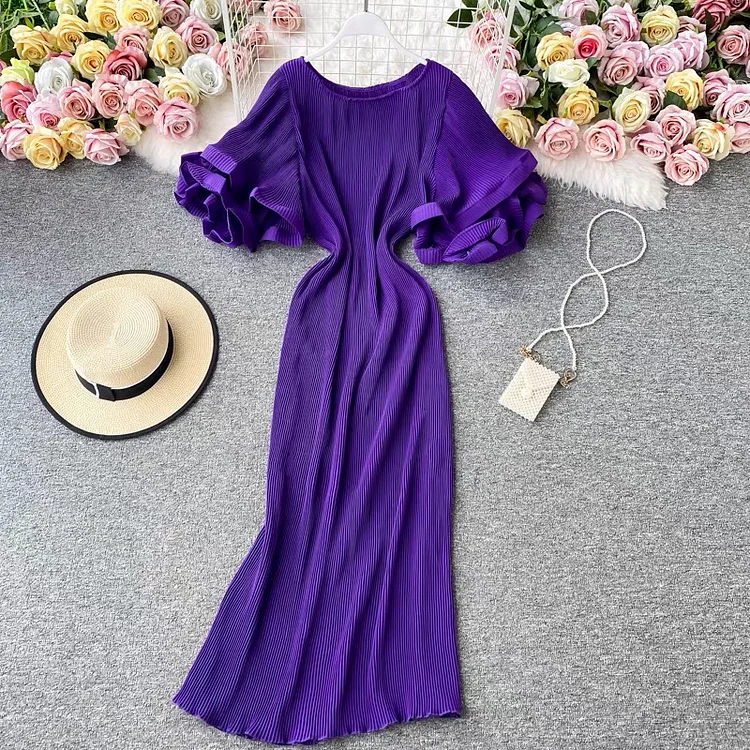 Elegant Round Neck Purple Ruffled Sleeve Maxi Dress - Image 2
