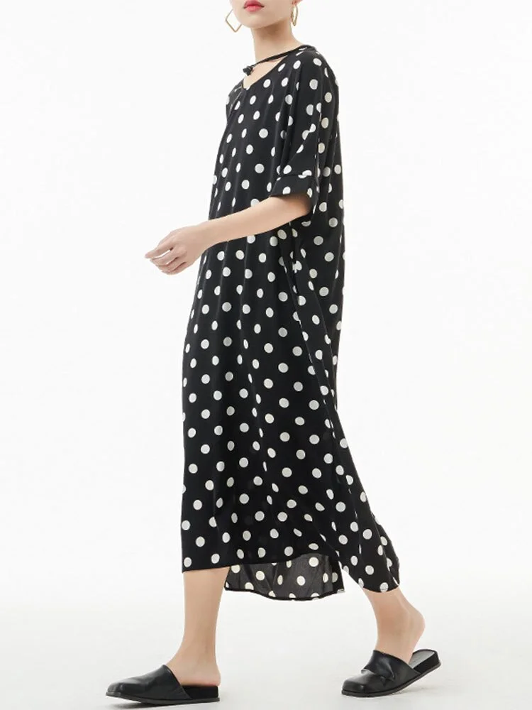 French V-neck Polka Dots Lace-up Back Split Hem Half Sleeve Dress - Image 2