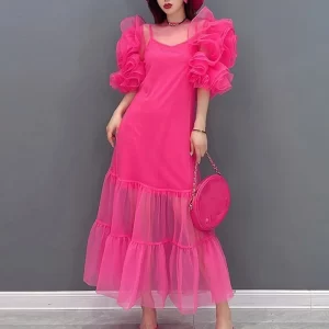 Fashion Solid Color Mesh Ruffle Patchwork Strapless Dress