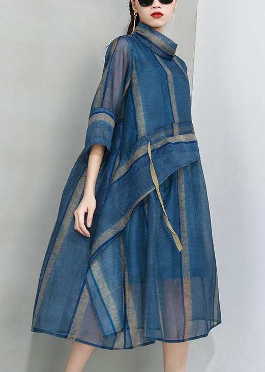 French Blue Cinched Stand Collar organza Dress Half Sleeve - Image 5