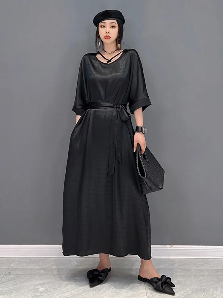 Temperament Loose Solid O-neck Lace-up Three-quarter Sleeve Dress - Image 5