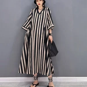 Fashion Loose V-neck Striped Lace-up Hlaf Sleeve Dress