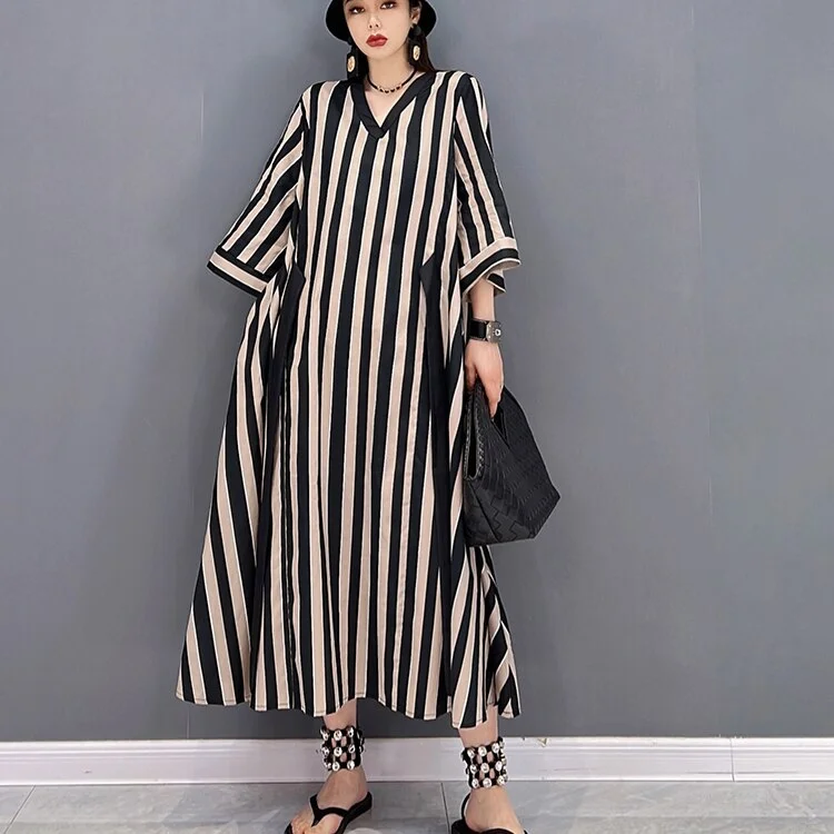 Fashion Loose V-neck Striped Lace-up Hlaf Sleeve Dress