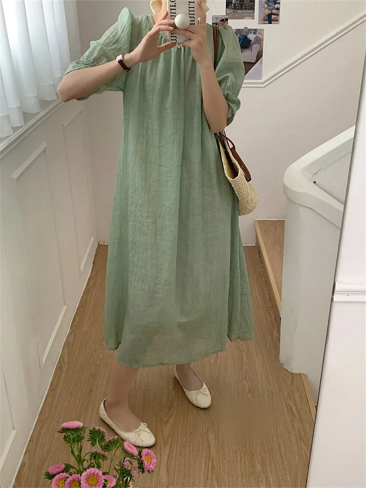 Casual Solid Color O-neck Lace-Up Puff Half Sleeve Dress - Image 7