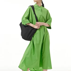 Casual Loose Solid Color Half Stand Collar Pockets Half Sleeve Dress