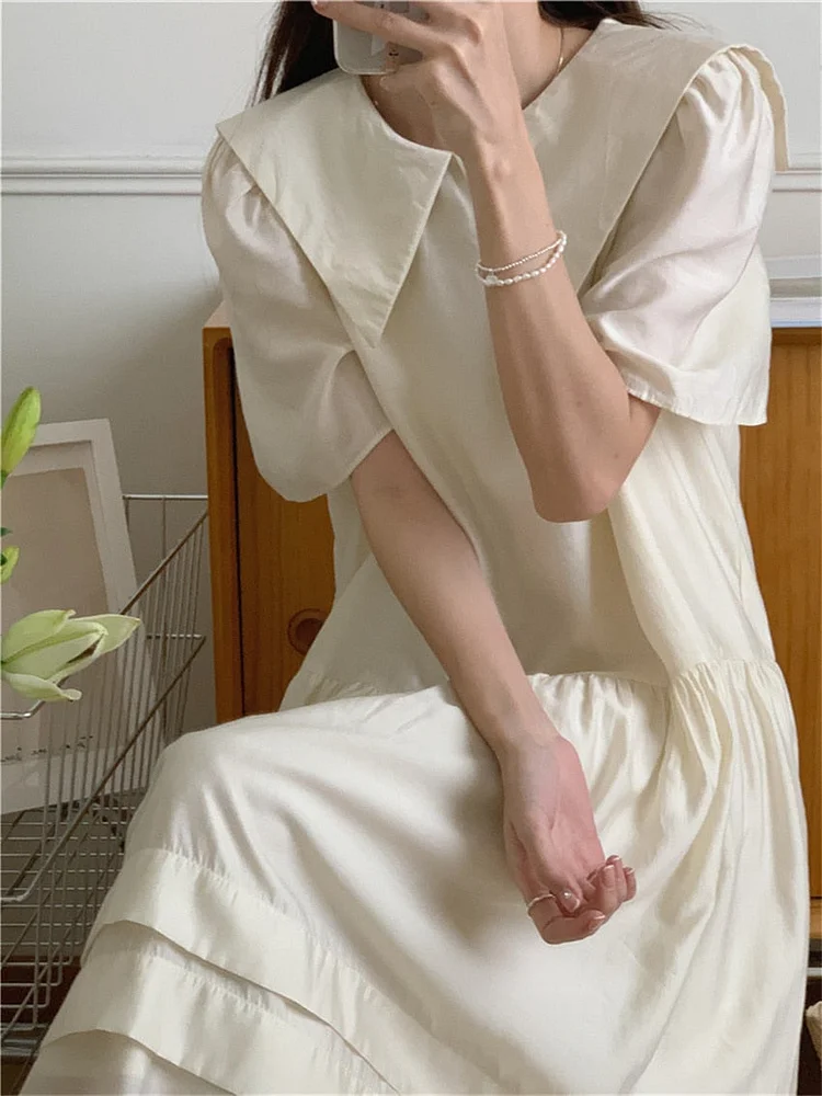 Casual Pink Sailor Collar High Waist Ruffled Hem Lantern Sleeve Dress - Image 4