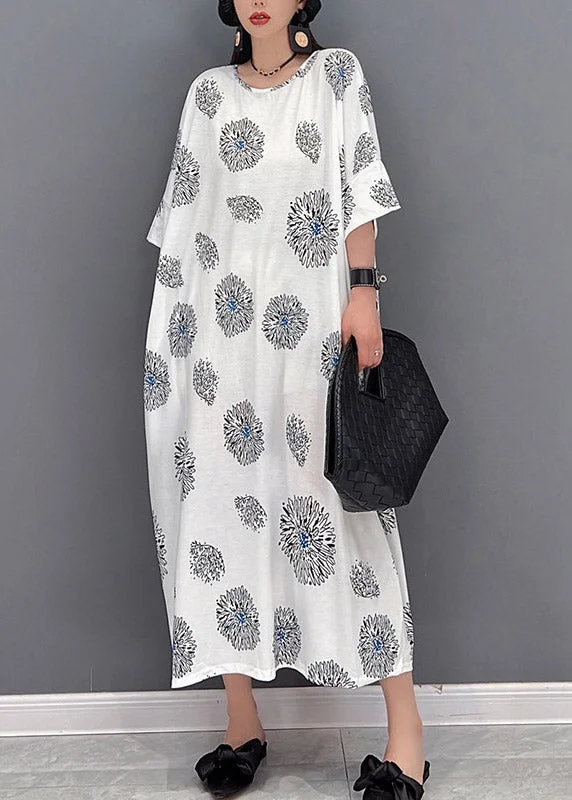 Plus Size White O-Neck Print Long Dress Half Sleeve - Image 3