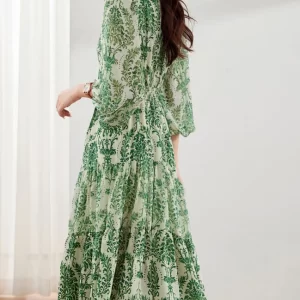 Handmade Green V Neck Print Chiffon Vacation Dresses Bracelet Sleeve