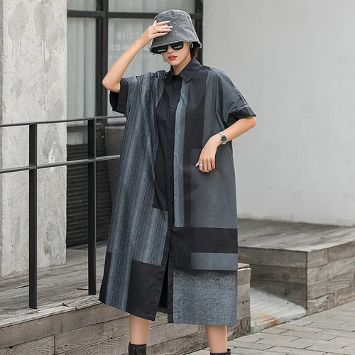 Street Loose Lapel Contrast Color Printed Single-breasted Half Sleeve Dress - Image 7