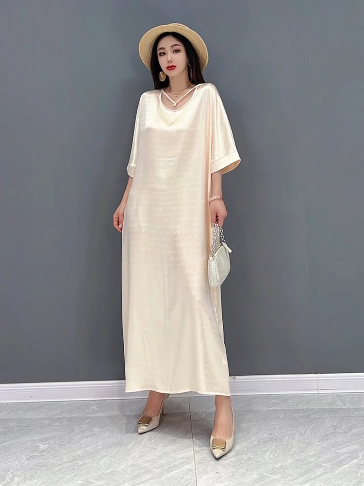 Temperament Loose Solid O-neck Lace-up Three-quarter Sleeve Dress - Image 2