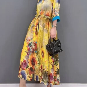 Bohemian Yellow Peter Pan Collar Print Button Tie Waist Dresses Half Sleeve