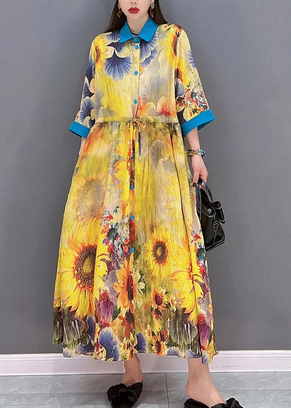 Bohemian Yellow Peter Pan Collar Print Button Tie Waist Dresses Half Sleeve - Image 2