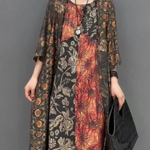 Women Colorblock Oversized Patchwork Print Long Dress Summer