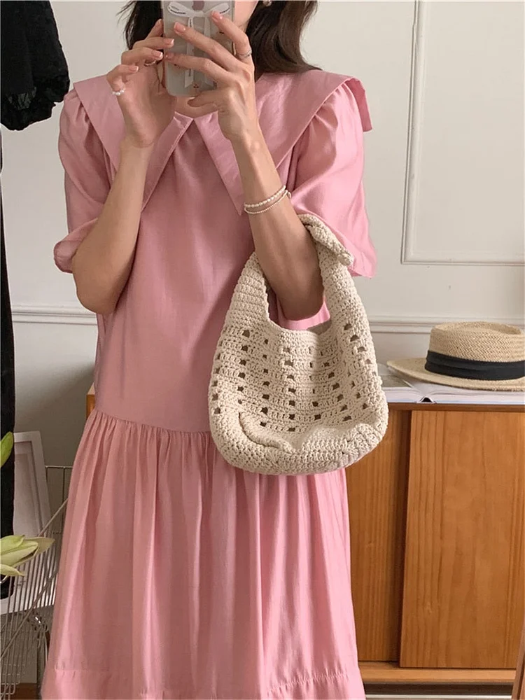 Casual Pink Sailor Collar High Waist Ruffled Hem Lantern Sleeve Dress - Image 6