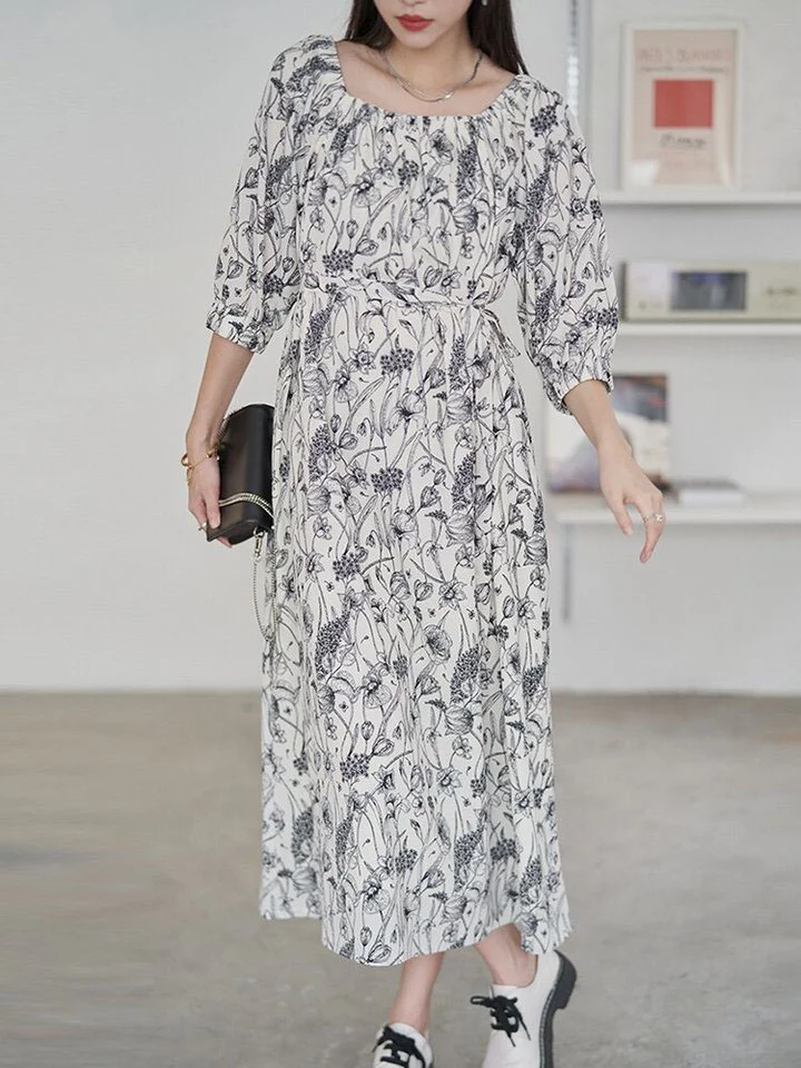 Elegant Elastic Square Collar Floral Printed Half Sleeve Lace-up Dress - Image 4