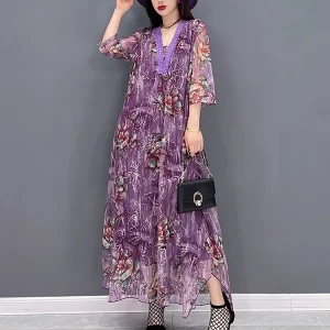 Elegant V-neck Floral Embroidery Mesh Half Sleeve Dress
