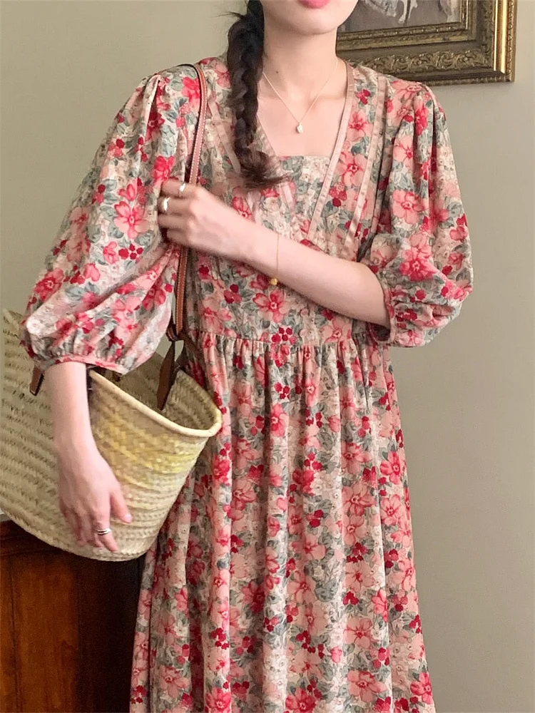 Chic V-Neck Floral High Waist Puff Half Sleeve Dress - Image 2