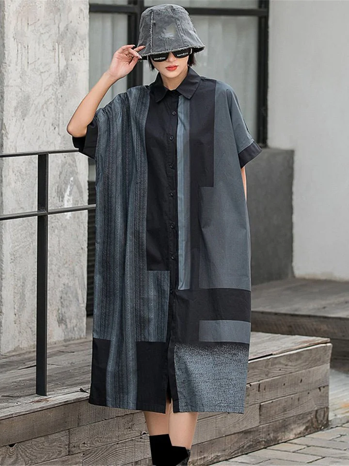 Street Loose Lapel Contrast Color Printed Single-breasted Half Sleeve Dress - Image 6