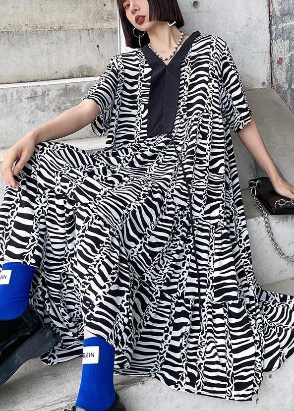 Natural Zebra pattern V Neck Cotton asymmetrical design Summer Maxi Dress - Image 3