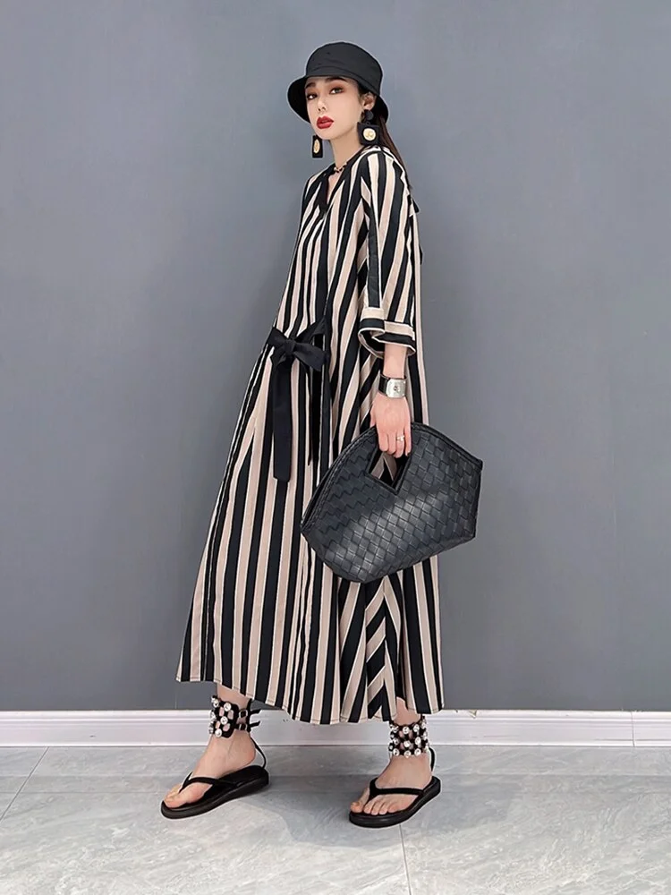 Fashion Loose V-neck Striped Lace-up Hlaf Sleeve Dress - Image 6