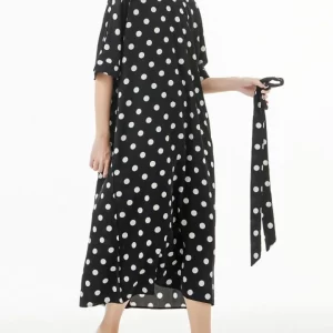 French V-neck Polka Dots Lace-up Back Split Hem Half Sleeve Dress