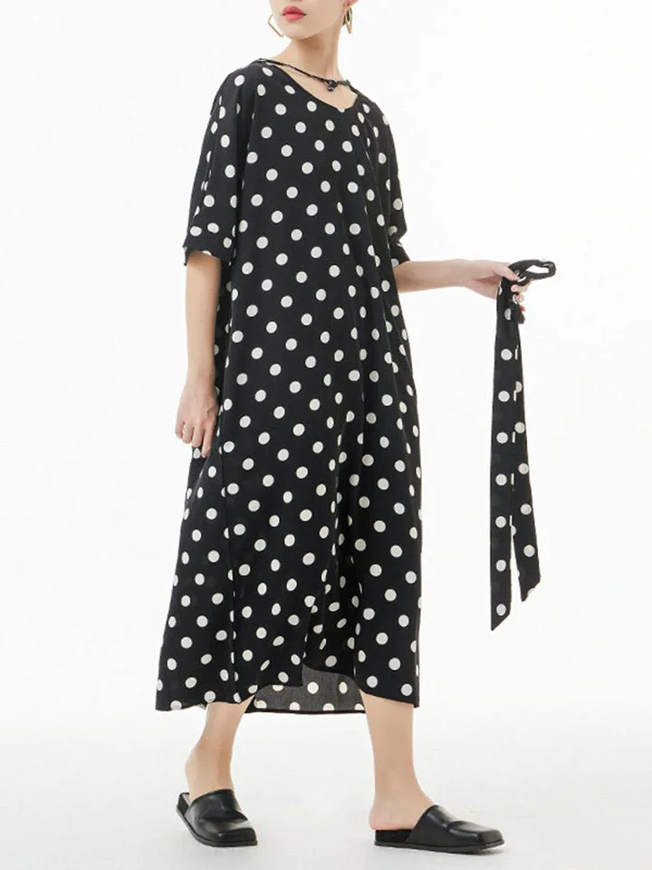 French V-neck Polka Dots Lace-up Back Split Hem Half Sleeve Dress