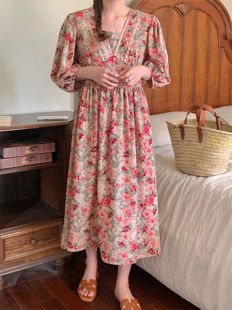 Chic V-Neck Floral High Waist Puff Half Sleeve Dress - Image 6