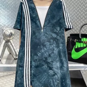 Comfy Tie Dye Blue zippered V Neck Dresses Summer