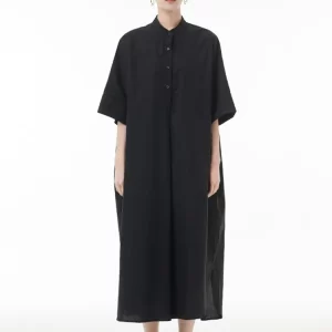 Simple Loose Solid Color Button Half Stand Collar Half Sleeve Dress