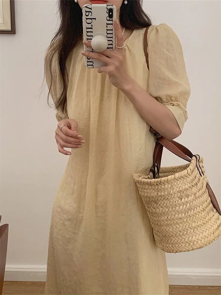 Casual Solid Color O-neck Lace-Up Puff Half Sleeve Dress - Image 4