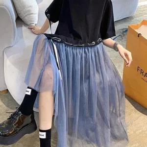 Style Black Patchwork tulle Maxi Summer Cotton Dress