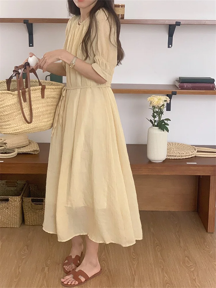 Casual Solid Color O-neck Lace-Up Puff Half Sleeve Dress - Image 9