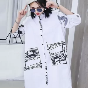 Stylish Loose Turn-down Collar Printed Single-breasted Half Sleeve Shirt Dress