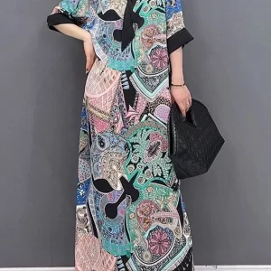 Style V Neck Print Pockets Side Open Chiffon Dresses Half Sleeve