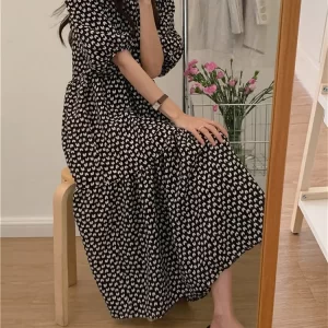 Chic O-neck Printed Puff Sleeve Ruffled Hem Dress