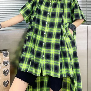 Elegant Green Plaid Cotton Buttonlow high design Summer Maxi Dresses