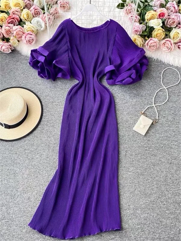 Elegant Round Neck Purple Ruffled Sleeve Maxi Dress - Image 4